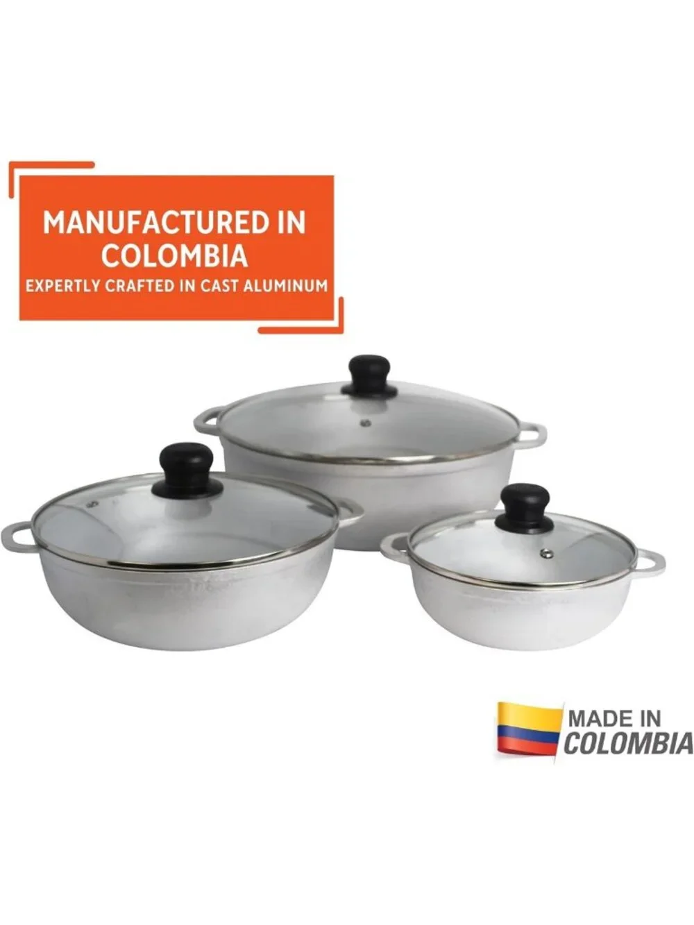 3-Piece Cast Aluminum Caldero Set with Glass Lid - 1.5, 3.5 & 7 Qt Cookware
